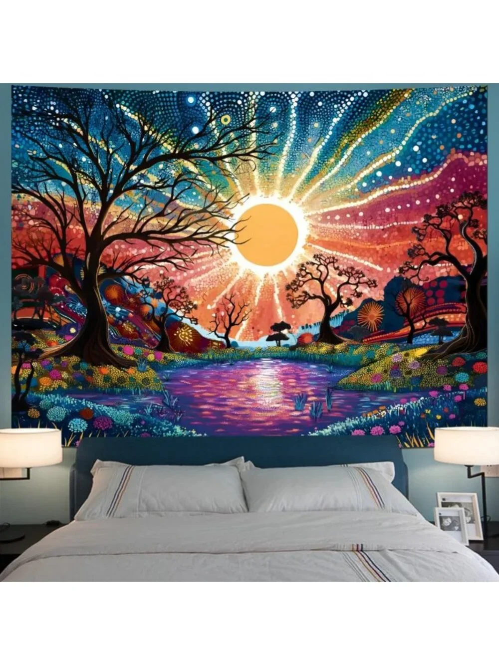 Colorful Tree of Life Tapestry, Trippy Sun & Starry Sky Wall Hanging, Aesthetic